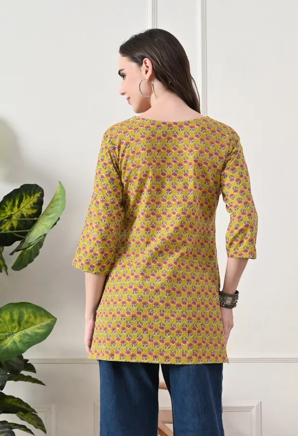 Yellow_Cotton_Floral_Print_Kurti_For_Women