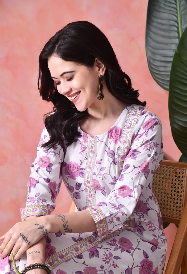 White_And_Purple_Cotton_Floral_Print_Kurta_For_Women