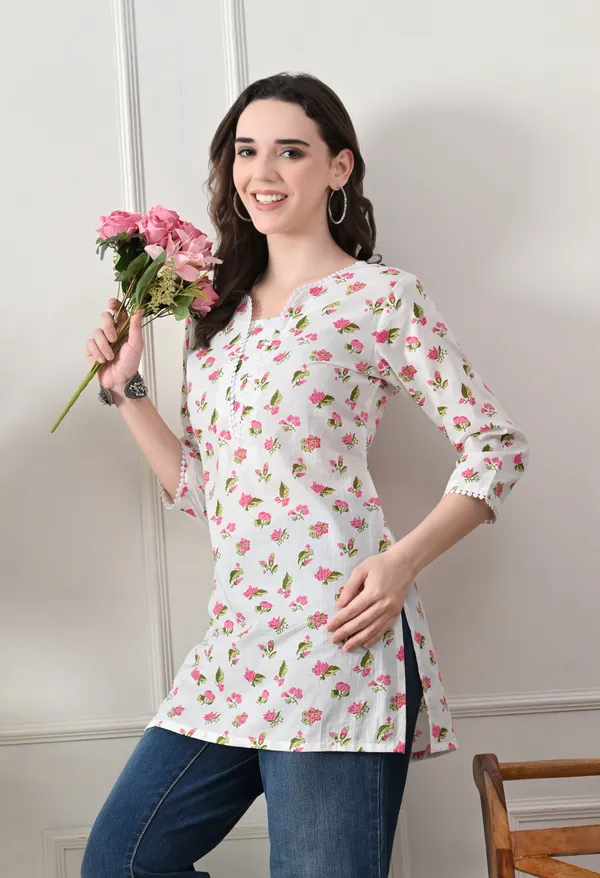 White_Cotton_Floral_Print_Kurti_For_Women