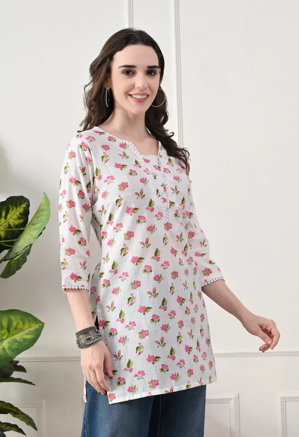 White_Cotton_Floral_Print_Kurti_For_Women