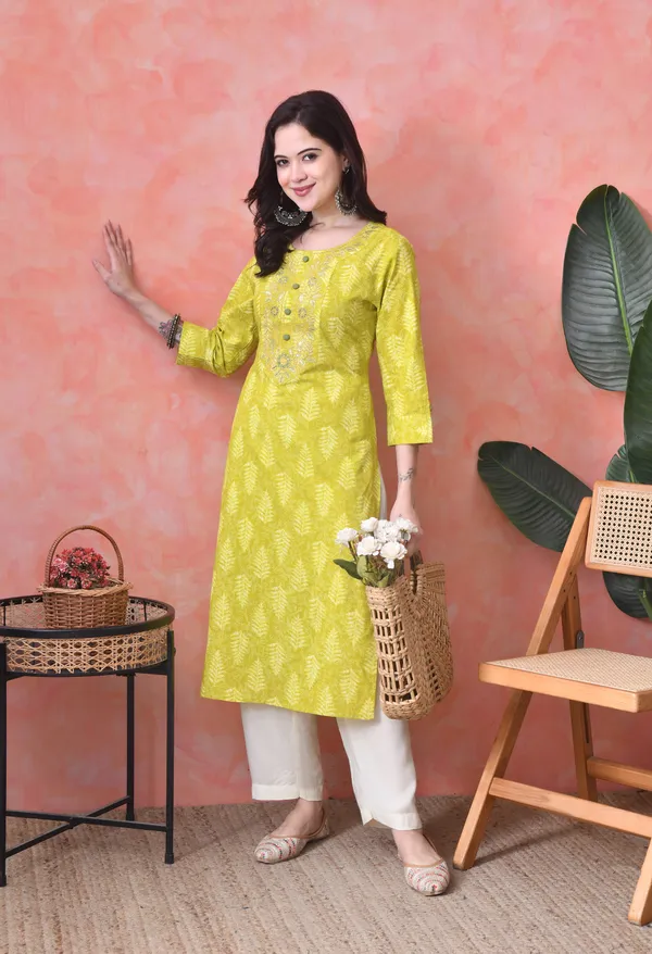 Lemon_Yellow_Cotton_Embroidered_Kurta_For_Women