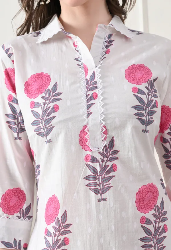 White_Cotton_Floral_Block_Print_Kurta_For_Women