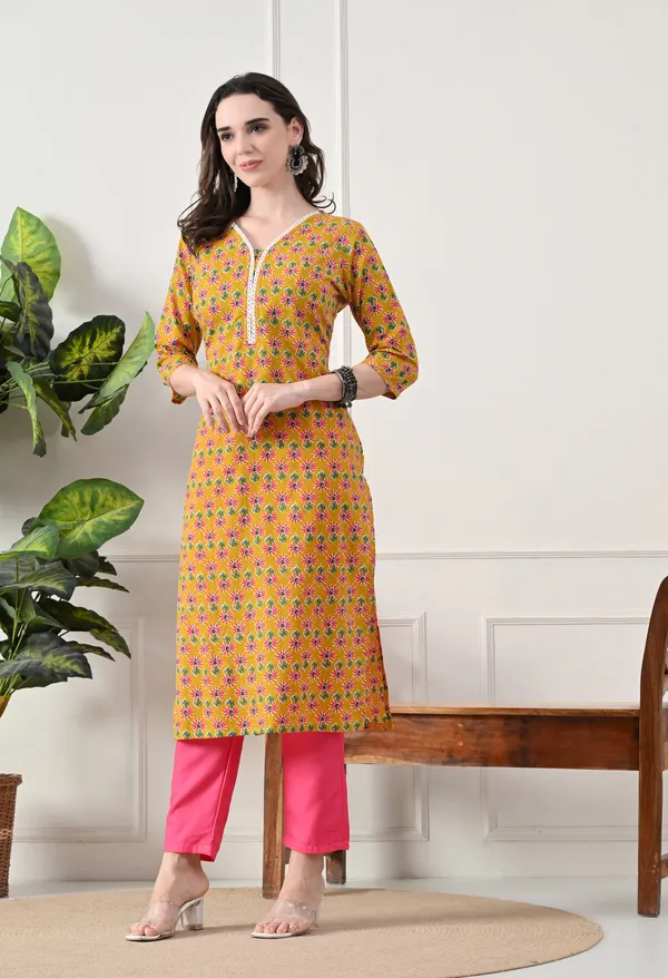 Yellow_Cotton_Floral_Printed_Kurta_For_Women