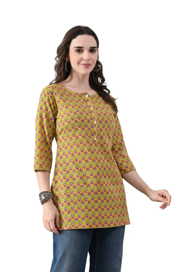 Yellow_Cotton_Floral_Print_Kurti_For_Women