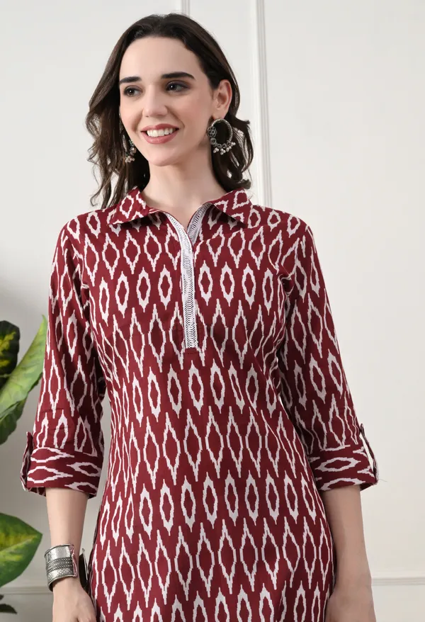 Maroon_Cotton_Ikat_Print_Kurta_For_Women