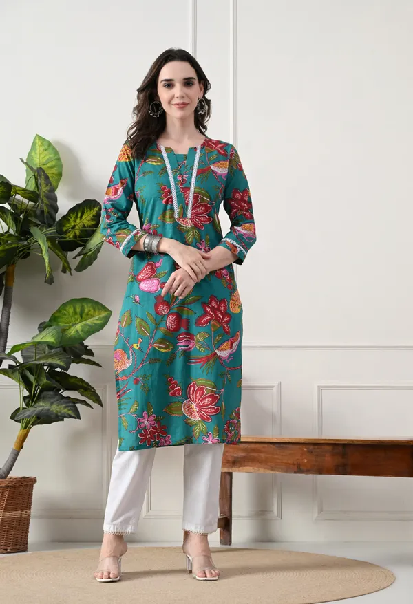 Green_Cotton_Floral_Printed_Kurta_For_Women