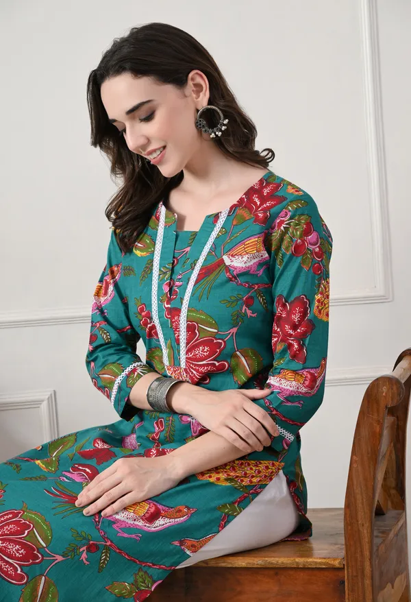 Green_Cotton_Floral_Printed_Kurta_For_Women