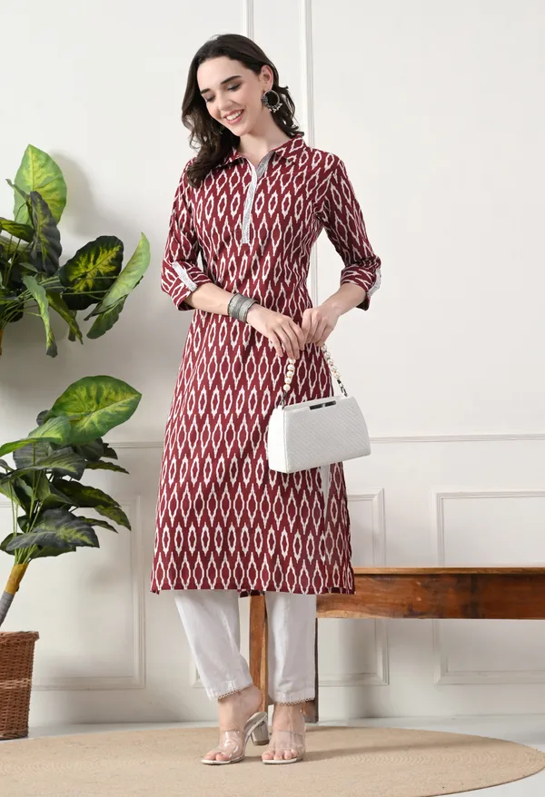 Maroon_Cotton_Ikat_Print_Kurta_For_Women