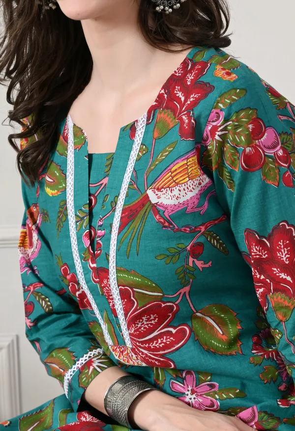 Green_Cotton_Floral_Printed_Kurta_For_Women