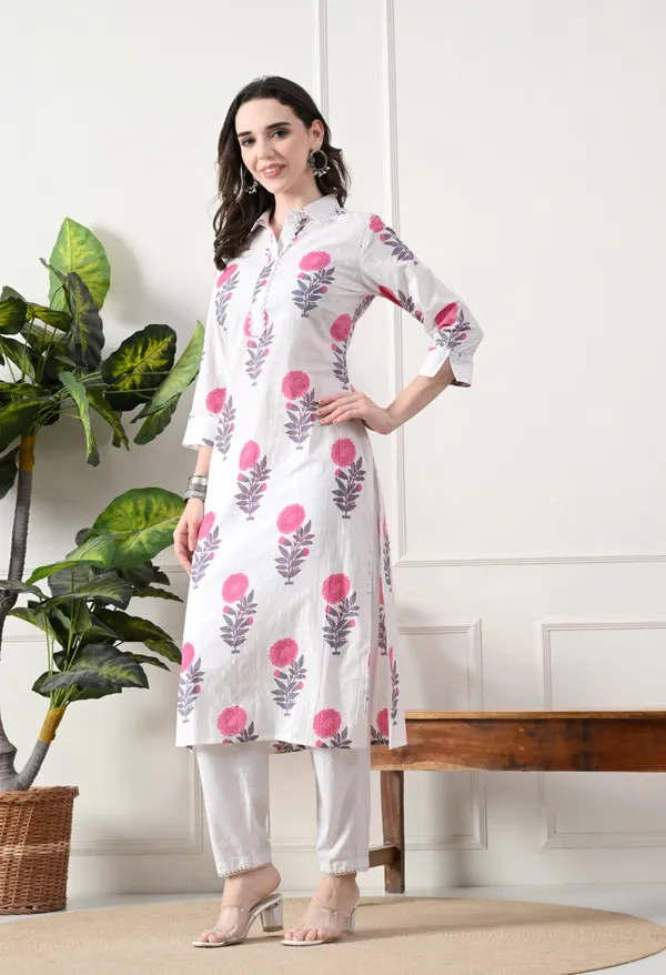 White_Cotton_Floral_Block_Print_Kurta_For_Women