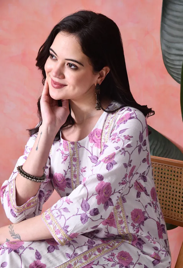White_And_Purple_Cotton_Floral_Print_Kurta_For_Women