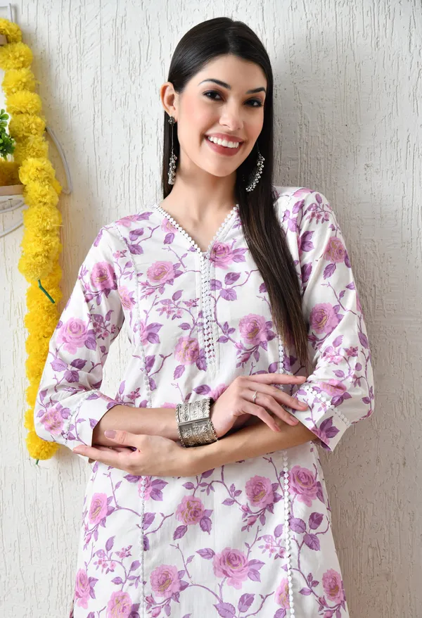 White_And_Purple_Cotton_Floral_Printed_Kurta_For_Women
