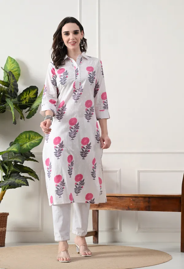White_Cotton_Floral_Block_Print_Kurta_For_Women