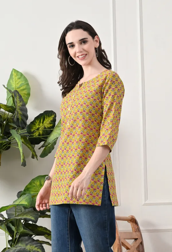 Yellow_Cotton_Floral_Print_Kurti_For_Women
