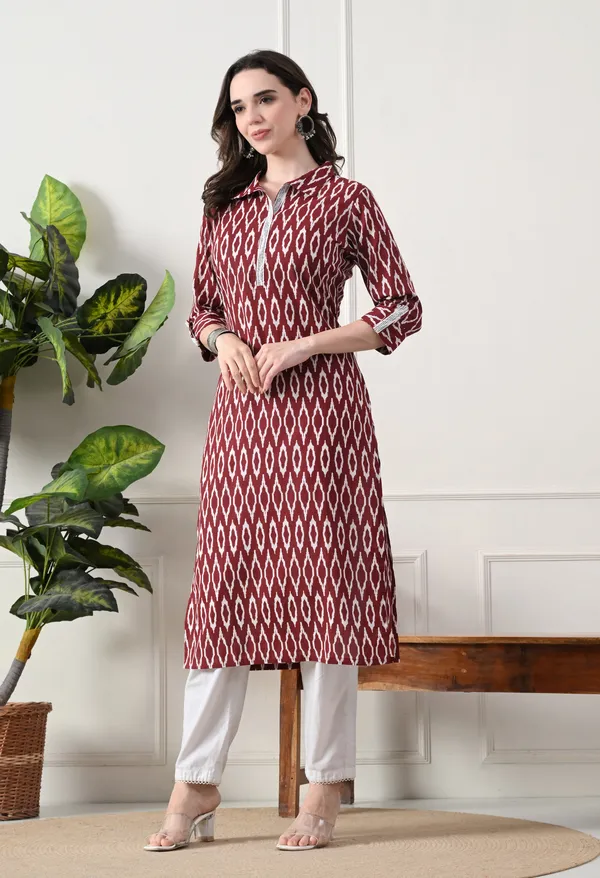 Maroon_Cotton_Ikat_Print_Kurta_For_Women