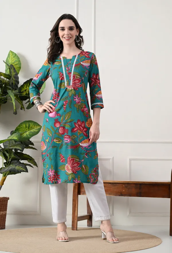 Green_Cotton_Floral_Printed_Kurta_For_Women