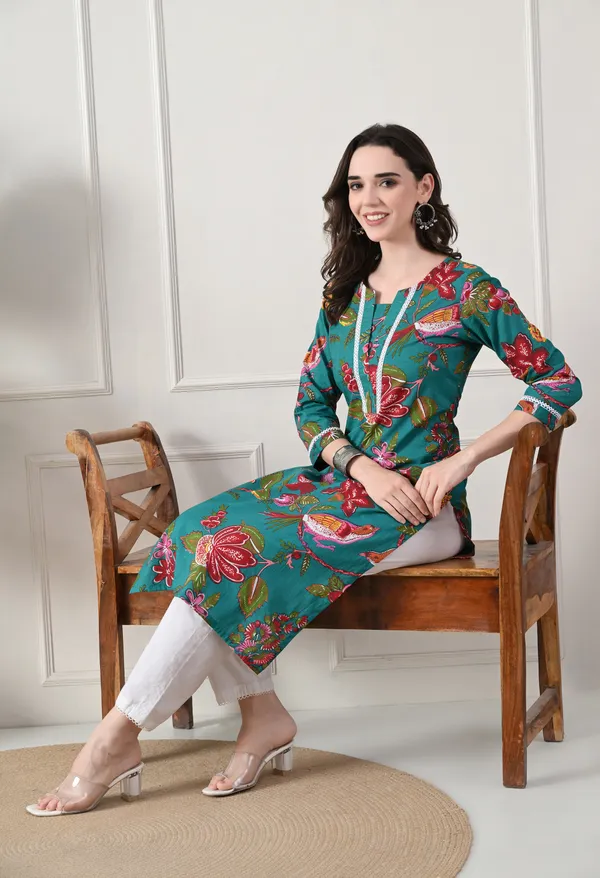 Green_Cotton_Floral_Printed_Kurta_For_Women