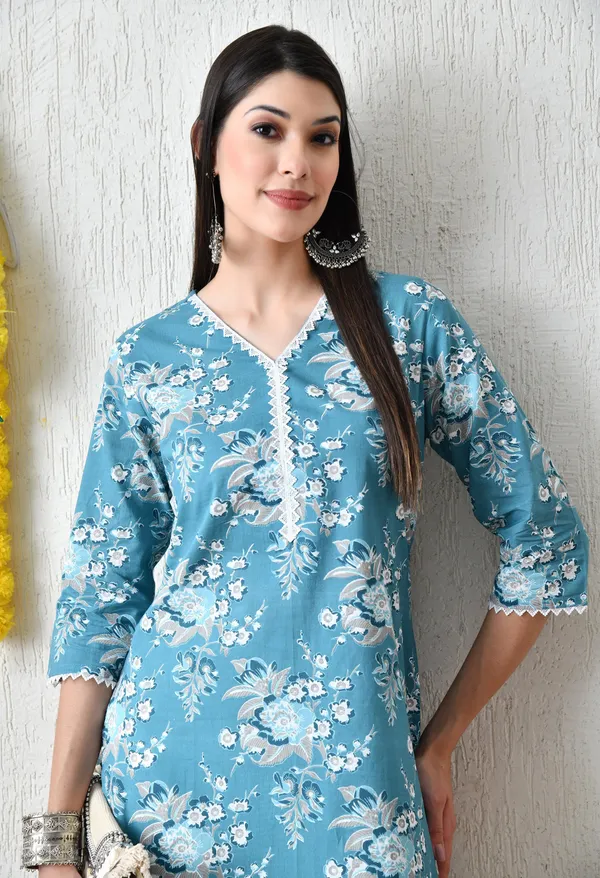 Sea_Green_Cotton_Floral_Printed_Kurta_For_Women