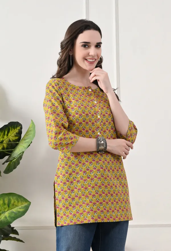 Yellow_Cotton_Floral_Print_Kurti_For_Women