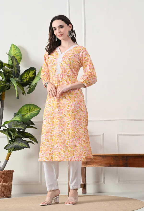 Yellow_Cotton_Floral_Print_Kurta_For_Women