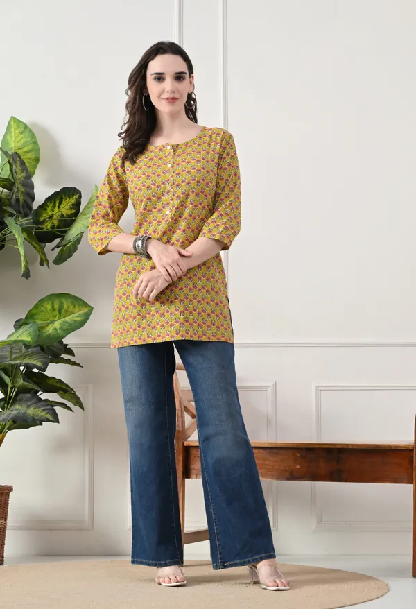 Yellow_Cotton_Floral_Print_Kurti_For_Women