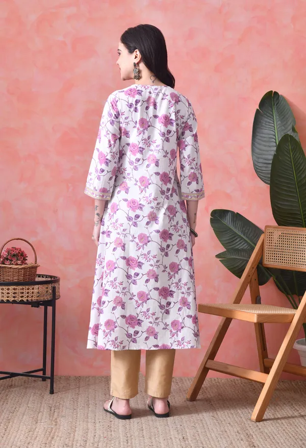 White_And_Purple_Cotton_Floral_Print_Kurta_For_Women
