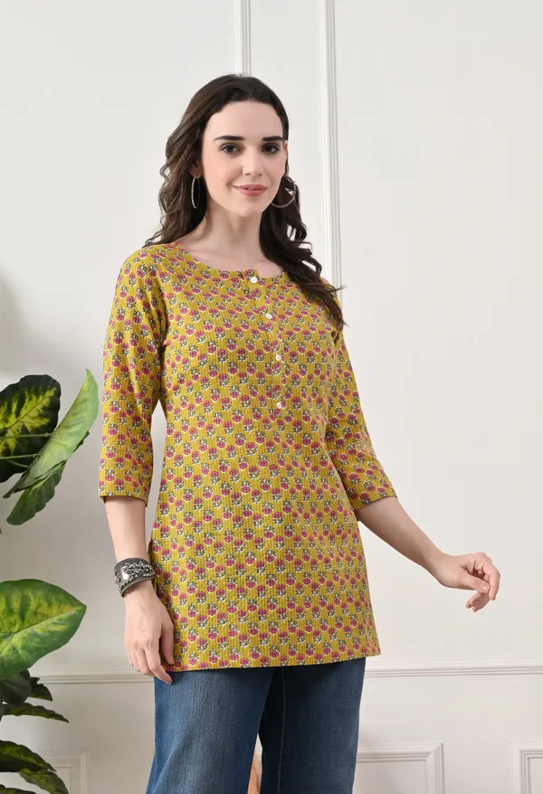 Yellow_Cotton_Floral_Print_Kurti_For_Women