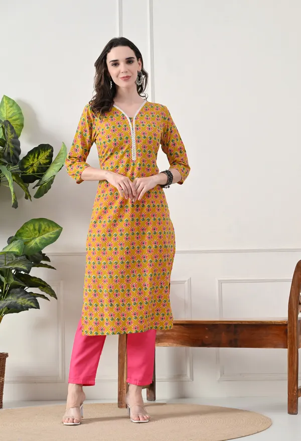 Yellow_Cotton_Floral_Printed_Kurta_For_Women