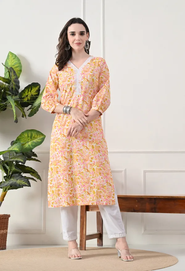 Yellow_Cotton_Floral_Print_Kurta_For_Women