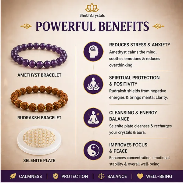 Stress_Relief_Combo_–_Peace,_Sleep_&_Anxiety_Control_(Amethyst_Bracelet_+_5_Mukhi_Rudraksh_Bracelet_+_Selenite_Plate)