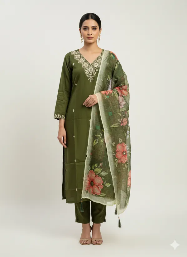 Olive_Green_Embroidered_Kurta_Set_With_Floral_Dupatta_For_Women