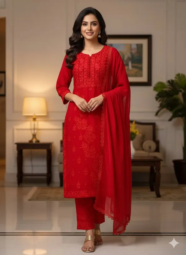 Red_Embroidered_georgette_Kurta_Set_With_Dupatta_For_Women