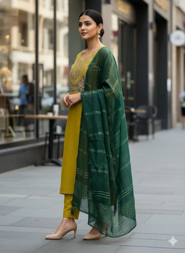Mustard_Yellow_Embroidered_Ethnic_Kurta_Set_With_Green_Dupatta_For_Women