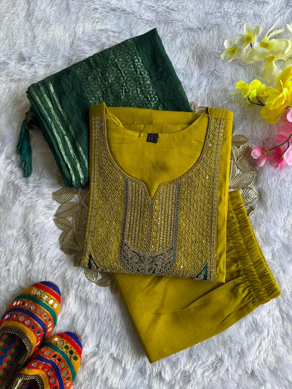 Mustard_Yellow_Embroidered_Ethnic_Kurta_Set_With_Green_Dupatta_For_Women