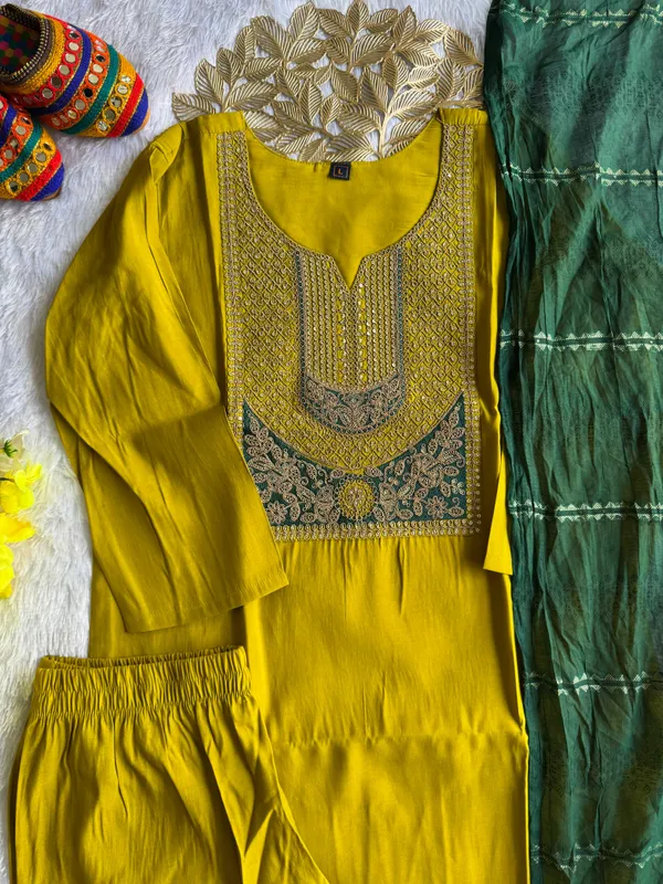 Mustard_Yellow_Embroidered_Ethnic_Kurta_Set_With_Green_Dupatta_For_Women