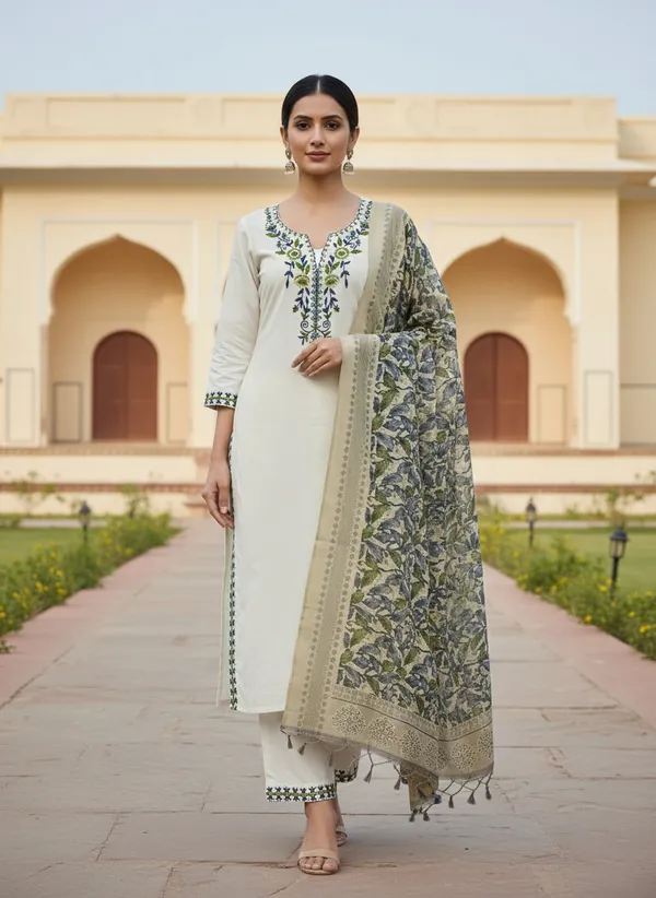 White_Embroidered_Kurta_Set_With_Printed_Dupatta_For_Women