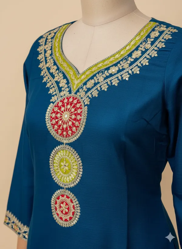 Blue_Embellished_Kurta_Set_With_Printed_Dupatta_For_Women