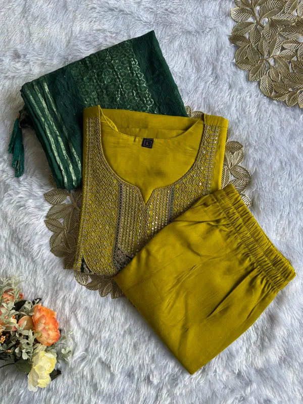 Mustard_Yellow_Embroidered_Ethnic_Kurta_Set_With_Green_Dupatta_For_Women