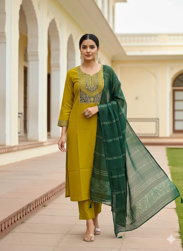 Mustard_Yellow_Embroidered_Ethnic_Kurta_Set_With_Green_Dupatta_For_Women