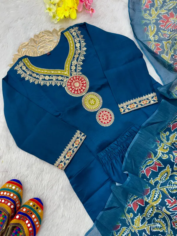 Blue_Embellished_Kurta_Set_With_Printed_Dupatta_For_Women