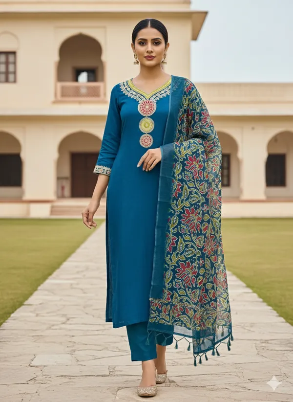 Blue_Embellished_Kurta_Set_With_Printed_Dupatta_For_Women