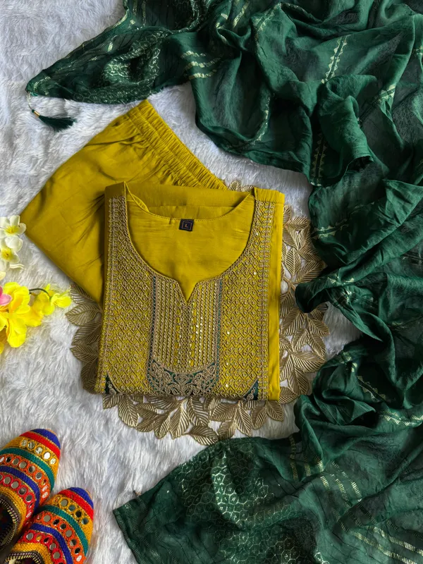 Mustard_Yellow_Embroidered_Ethnic_Kurta_Set_With_Green_Dupatta_For_Women