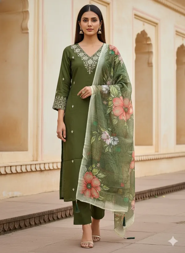 Olive_Green_Embroidered_Kurta_Set_With_Floral_Dupatta_For_Women