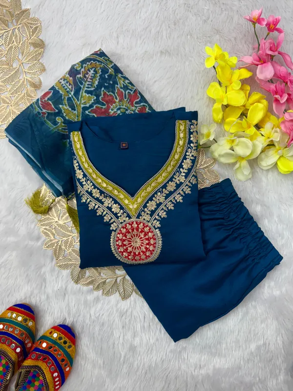 Blue_Embellished_Kurta_Set_With_Printed_Dupatta_For_Women