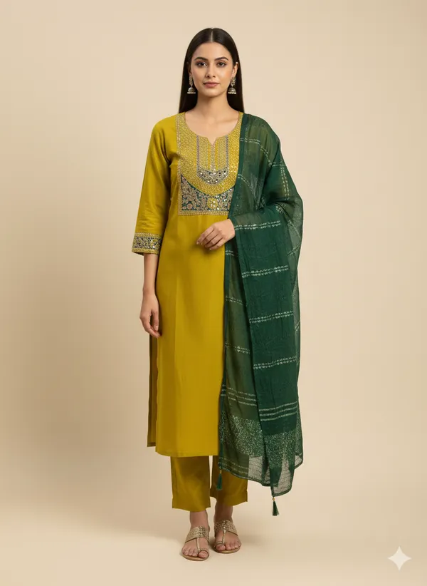 Mustard_Yellow_Embroidered_Ethnic_Kurta_Set_With_Green_Dupatta_For_Women