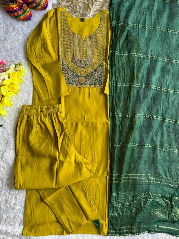 Mustard_Yellow_Embroidered_Ethnic_Kurta_Set_With_Green_Dupatta_For_Women
