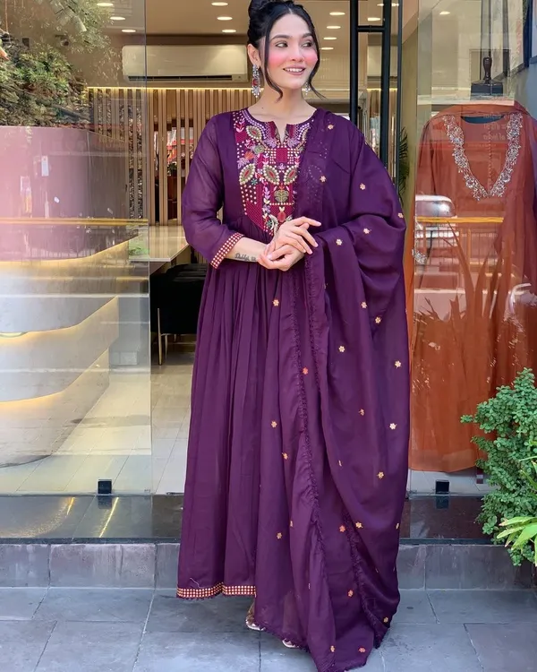 NEWLY__LAUNCHED_DESIGN_IN_WINE_COLOUR_VISCOSE_CHANDERI_EMBROIDERED_KURTA_SET_WITH_CHANDERI_DUPATTA_FOR_WOMEN