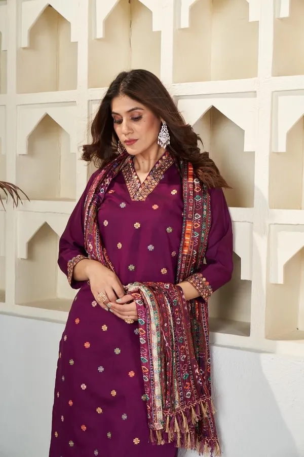NEW_DESIGNER_COLLECTION_WINE_COLOUR_VISCOSE_CHANDERI_EMBROIDERED_WORK_WITH_CHINON_PRINTED_DUPATTA_FOR_WOMEN
