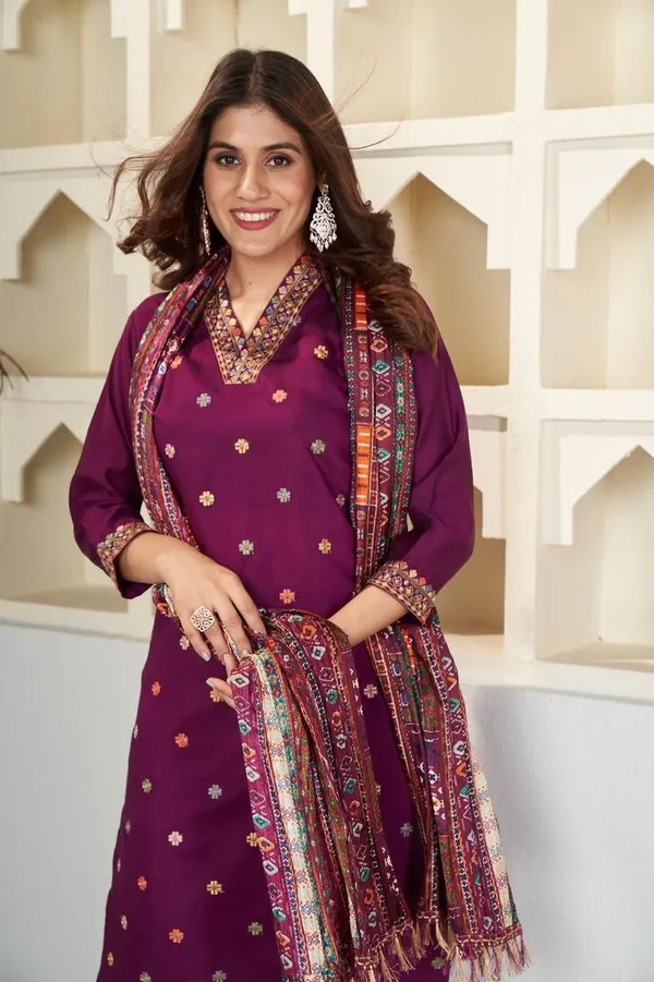 NEW_DESIGNER_COLLECTION_WINE_COLOUR_VISCOSE_CHANDERI_EMBROIDERED_WORK_WITH_CHINON_PRINTED_DUPATTA_FOR_WOMEN