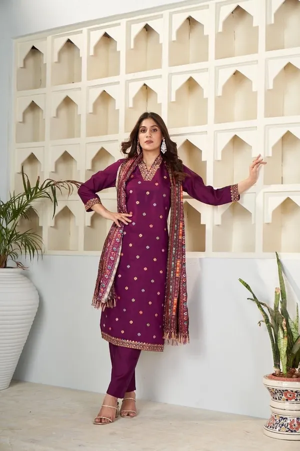 NEW_DESIGNER_COLLECTION_WINE_COLOUR_VISCOSE_CHANDERI_EMBROIDERED_WORK_WITH_CHINON_PRINTED_DUPATTA_FOR_WOMEN